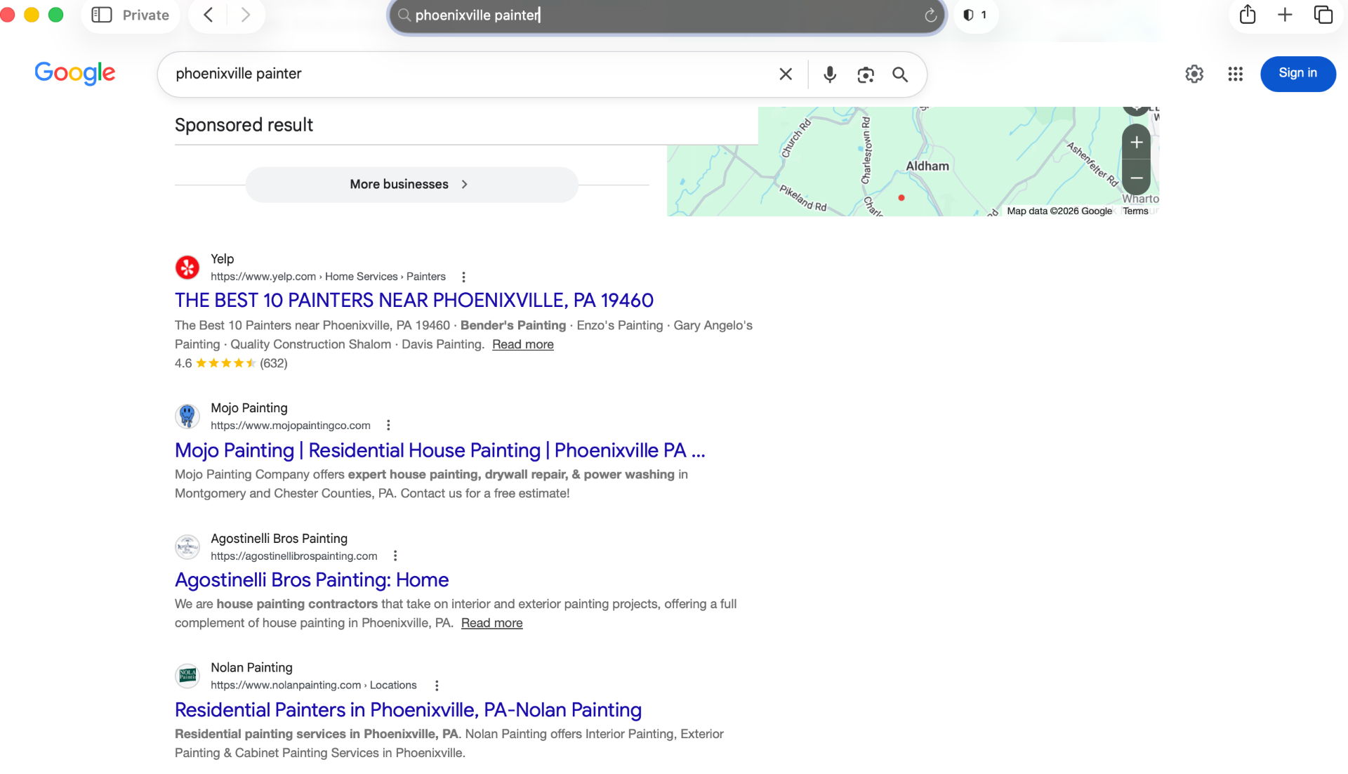 Google search results for 'phoenixville painter' showing Mojo Painting Company on page one of organic results