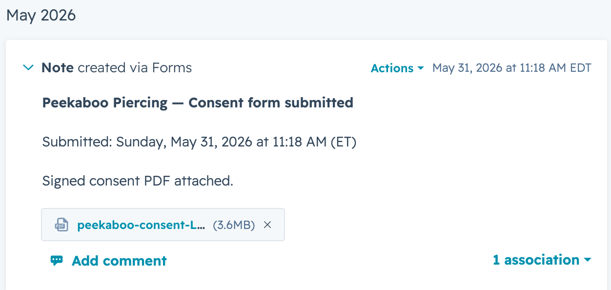 HubSpot contact timeline showing an automatically attached, signed Peekaboo Piercing consent PDF